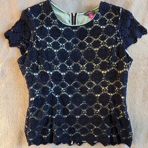 Navy Blue & Mint Macrame Lace Short Sleeve Top, Size S, Vince Camuto